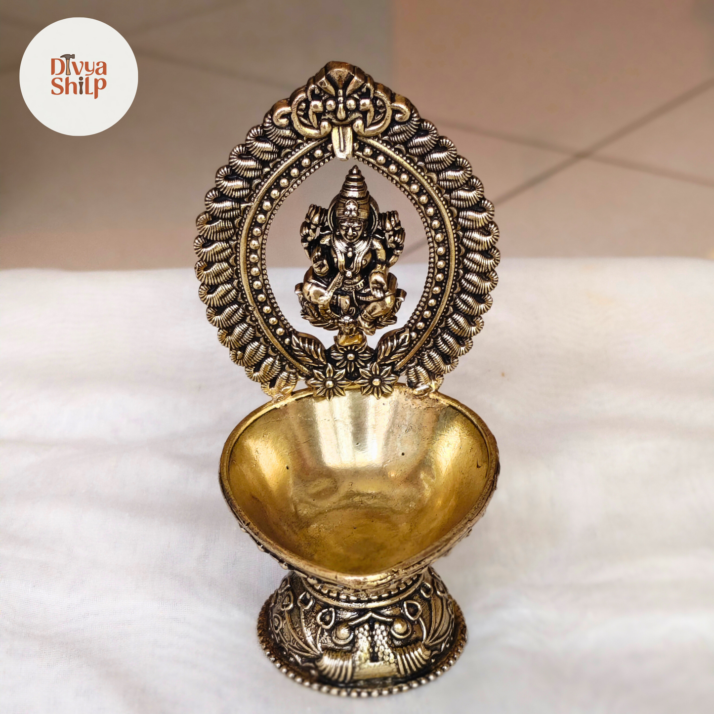 Brass Lakshmi Deepam Diya with Floral Arch | Handcrafted Traditional Brass Oil Lamp for Diwali, Pooja & Home Mandir