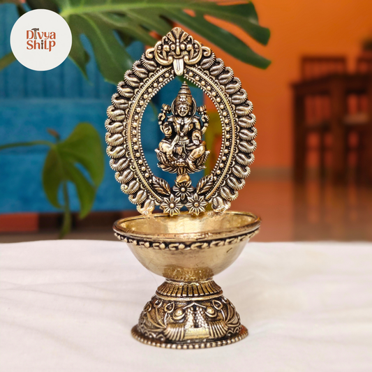 Brass Lakshmi Deepam Diya with Floral Arch | Handcrafted Traditional Brass Oil Lamp for Diwali, Pooja & Home Mandir